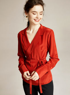 Solid Color Notched Slim Silk Blouse