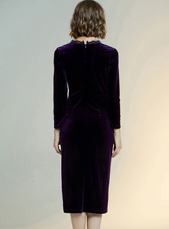 V-neck Long Sleeve Lace Patchwork Bodycon Dress