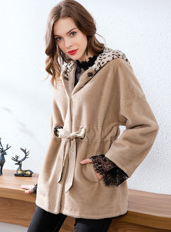 Hooded Leopard Patchwork Drawcord Loose Coat