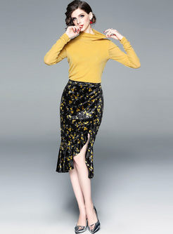 Turtleneck Pullover Slim Print Bodycon Suit Dress