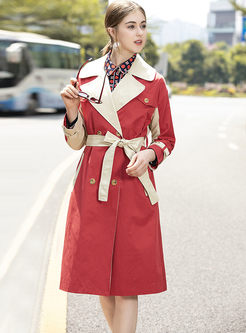 Color-blocked Notched Trench Coat With Belt