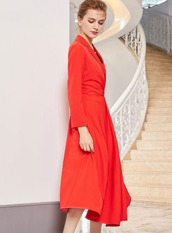 Notched Collar Asymmetric Long Trench Coat Dress