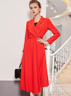 Notched Collar Asymmetric Long Trench Coat Dress
