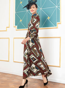 Long Sleeve High Waisted Print Maxi Dress