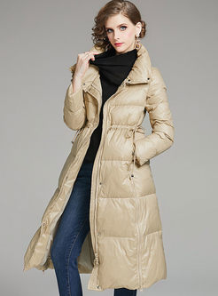 Stand Collar Waist Puffer Coat With Drawcord