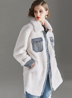 White Lapel Denim Patchwork Fleece Coat