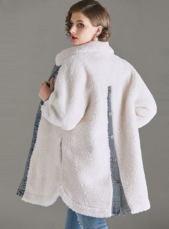 White Lapel Denim Patchwork Fleece Coat