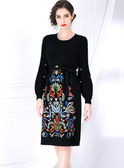 Crew Neck Long Sleeve Embroidered Dress
