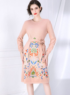 Crew Neck Long Sleeve Embroidered Dress