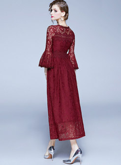 Wine Red Flare Sleeve Lace Party Maxi Dress