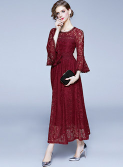 Wine Red Flare Sleeve Lace Party Maxi Dress