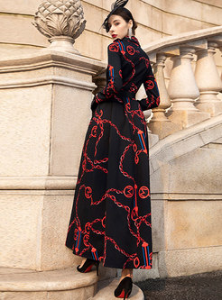 Black Long Sleeve Print Long Formal Dress