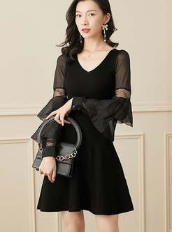 Black Falbala Patchwork Long Sleeve Mini Dress