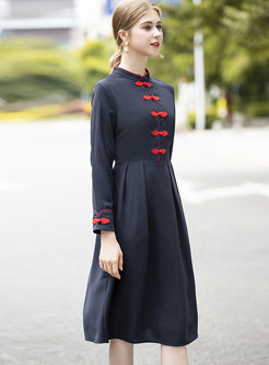 Color-blocked Mandarin Collar A Line Dress