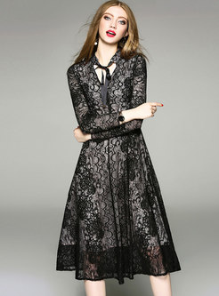 Black Long Sleeve V-neck Lace Dress