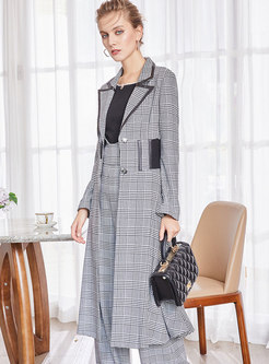 Notched Plaid A Line Trench Coat