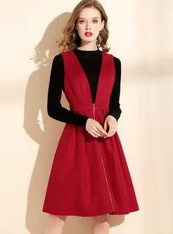Red V-neck Sleeveless A Line Mini Dress