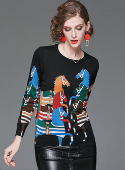 Black Animal Print Pullover Slim Sweater