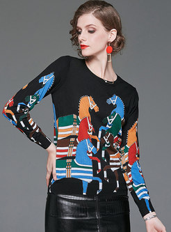 Black Animal Print Pullover Slim Sweater