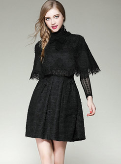 Turtleneck Bowknot Skater Dress With Poncho