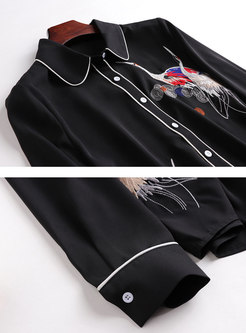 Lapel Animal Embroidered Loose Blouse