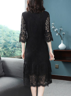 Crew Neck Embroidered Openwork Lace Dress