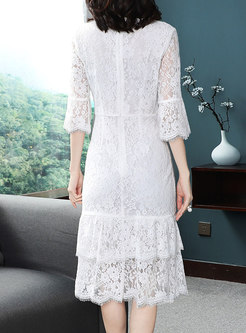 Crew Neck Embroidered Openwork Lace Dress