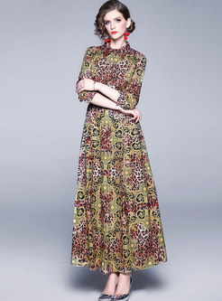 Lapel Long Sleeve Leopard Print Party Dress