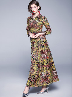 Lapel Long Sleeve Leopard Print Party Dress