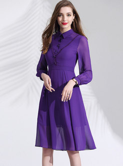 Solid Color Long Sleeve Chiffon Dress