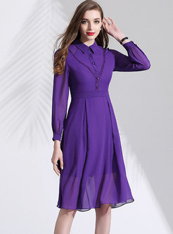 Solid Color Long Sleeve Chiffon Dress
