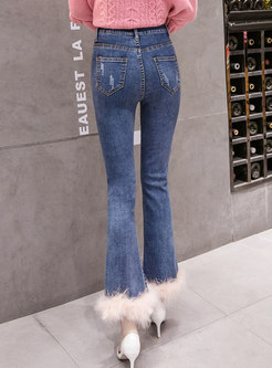High Waisted Short Plush Patchwork Flare Jeans