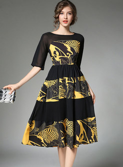 Black Crew Neck Print Chiffon Dress