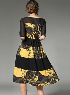 Black Crew Neck Print Chiffon Dress