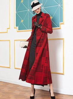 Red Notched Geometric Print A Line Trench Coat
