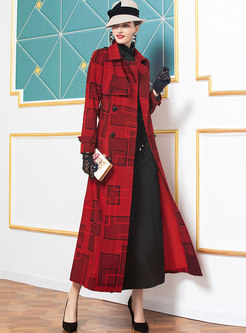 Red Notched Geometric Print A Line Trench Coat