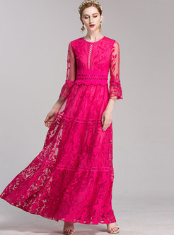 Mesh Flare Sleeve Embroidered Party Maxi Dress