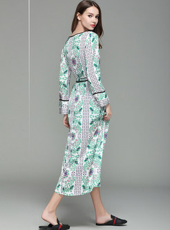 V-neck Long Sleeve Print Silk Beach Kimono