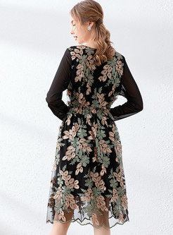 Long Sleeve Embroidered Mesh A Line Dress