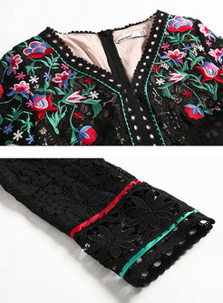 Black V-neck Embroidered Lace Peplum Dress