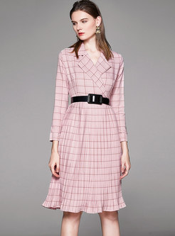 Notched Plaid Pleated Skater Dress With Belt