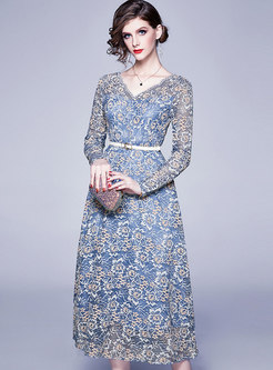 Long Sleeve Lace Maxi Dress With Belt