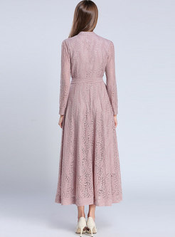 Pink Long Sleeve Openwork Lace Maxi Dress