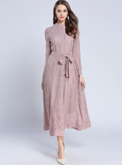 Pink Long Sleeve Openwork Lace Maxi Dress
