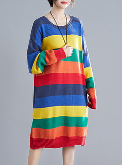Crew Neck Rainbow Striped Sweater Dress