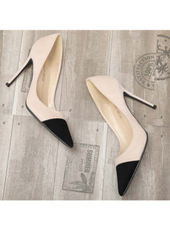 Pointed Head Flock Color-blocked Thin Heels