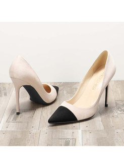 Pointed Head Flock Color-blocked Thin Heels