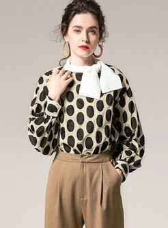 Bowknot Patchwork Polka Dot Pullover Blouse