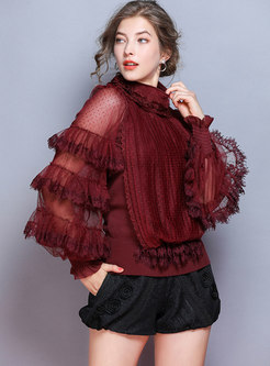 Lace Patchwork Polka Dot Mesh Sweater