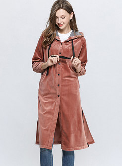 Hooded Single-breasted Corduroy Trench Coat